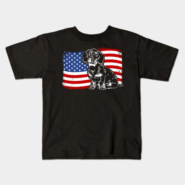 Proud Wire Haired Dachshund American Flag patriotic dog Kids T-Shirt by wilsigns
